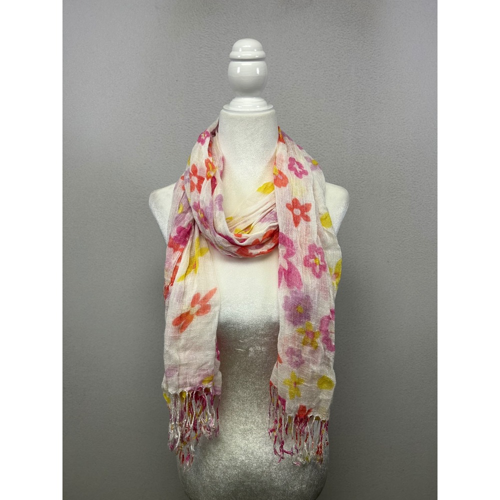 Cottagecore Airy Women OS White Pink Floral Gauze Fringe Scarf Wrap